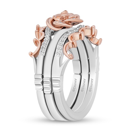 Enchanted Disney Belle 1/5 CT. T.w. Diamond Rose and Crown Three Piece Ring Set in Sterling Silver and 10K Rose Gold