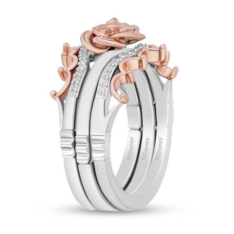 Enchanted Disney Belle 1/5 CT. T.W. Diamond Rose and Crown Three Piece Ring Set in Sterling Silver and 10K Rose Gold