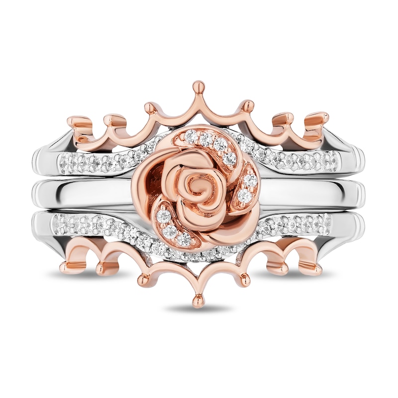 Enchanted Disney Belle 1/5 CT. T.W. Diamond Rose and Crown Three Piece Ring Set in Sterling Silver and 10K Rose Gold