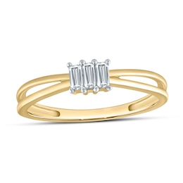 1/10 CT. T.W. Baguette Certified Lab-Grown Diamond Three Stone Orbit Split Shank Ring in 14K Gold (F/SI2)