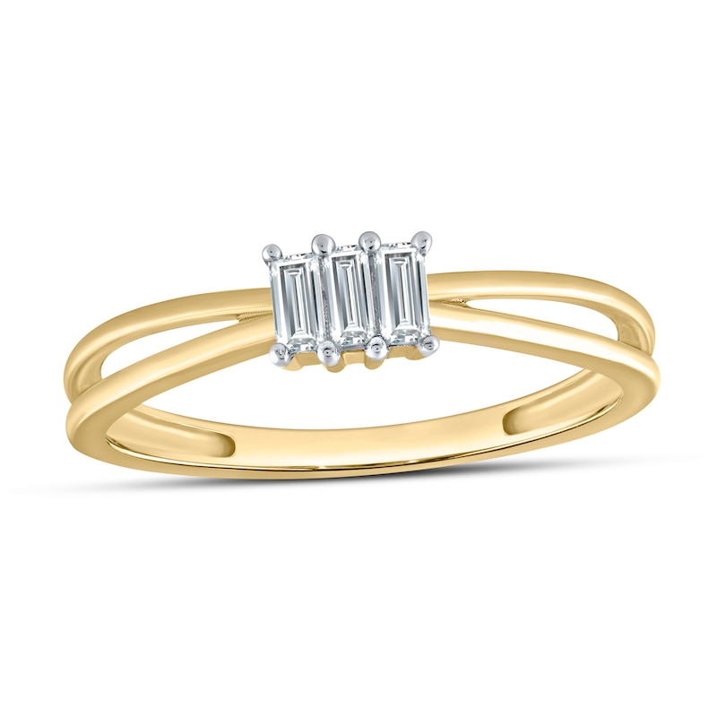 Main Image 1 of 1/10 CT. T.W. Baguette Certified Lab-Grown Diamond Three Stone Orbit Split Shank Ring in 14K Gold (F/SI2)