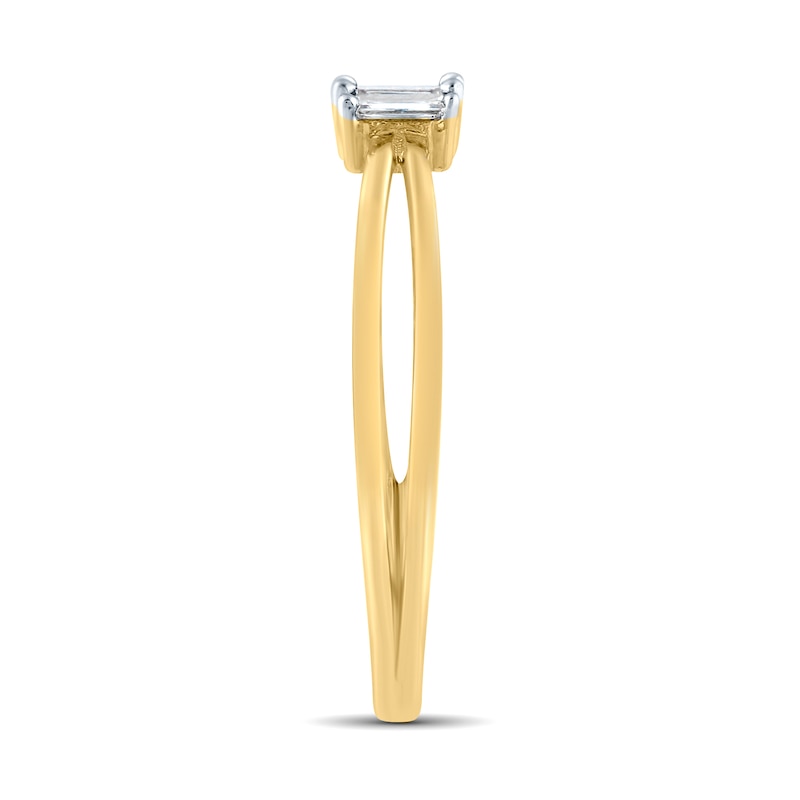 Main Image 2 of 1/10 CT. T.W. Baguette Certified Lab-Grown Diamond Three Stone Orbit Split Shank Ring in 14K Gold (F/SI2)