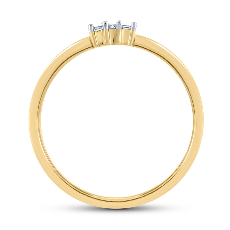 Main Image 3 of 1/10 CT. T.W. Baguette Certified Lab-Grown Diamond Three Stone Orbit Split Shank Ring in 14K Gold (F/SI2)