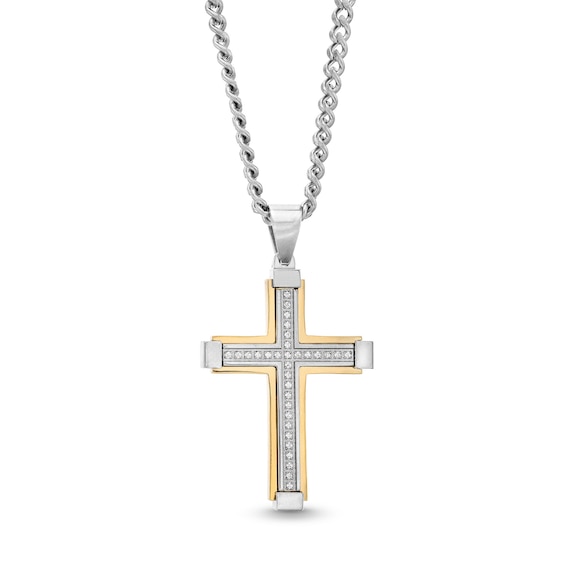 Men's 1/6 CT. T.w. Diamond Cross Pendant in Stainless Steel with Yellow Ion Plate - 24”