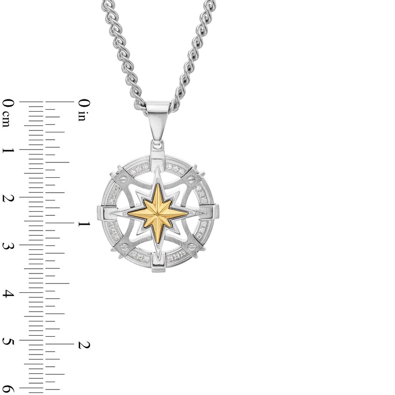 Main Image 2 of Men’s 1/8 CT. T.W. Diamond Compass Pendant in Stainless Steel with Yellow Ion Plate - 24”