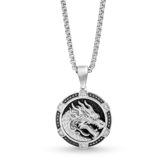 Menâs 1/3 CT. T.w. Black and White Diamond Frame Dragon Pendant in Stainless Steel with Black Ion Plate - 24â