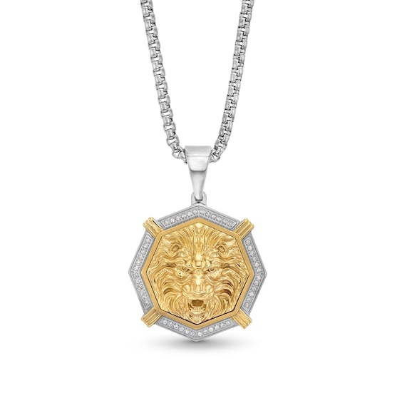 1/4 CT. T.w. Diamond Octagon Frame Lion Medallion Pendant in Stainless Steel and Yellow Ion Plate - 24â