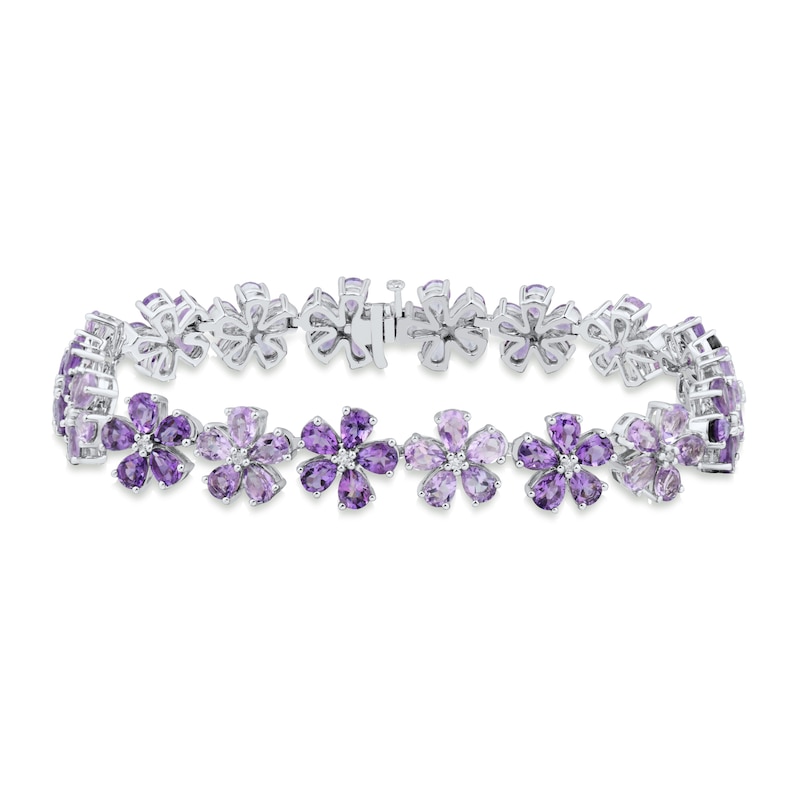 Main Image 1 of Pear-Shaped Amethyst and 1/8 CT. T.W. Diamond Flower Tennis Bracelet in Sterling Silver