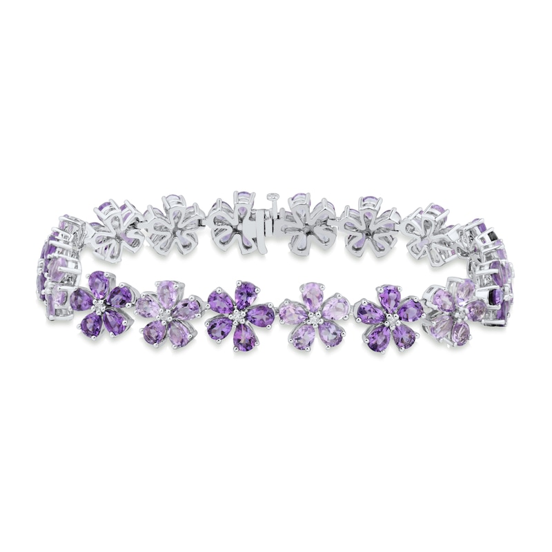 Pear-Shaped Amethyst and 1/8 CT. T.W. Diamond Flower Tennis Bracelet in Sterling Silver