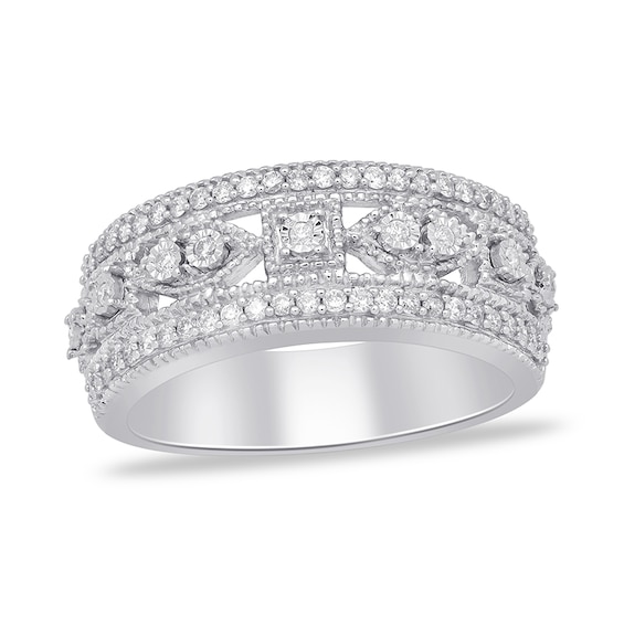 Previously Owned - 1/3 CT. T.w. Diamond Square and Marquise Frames Vintage-Style Triple Row Band in 14K White Gold