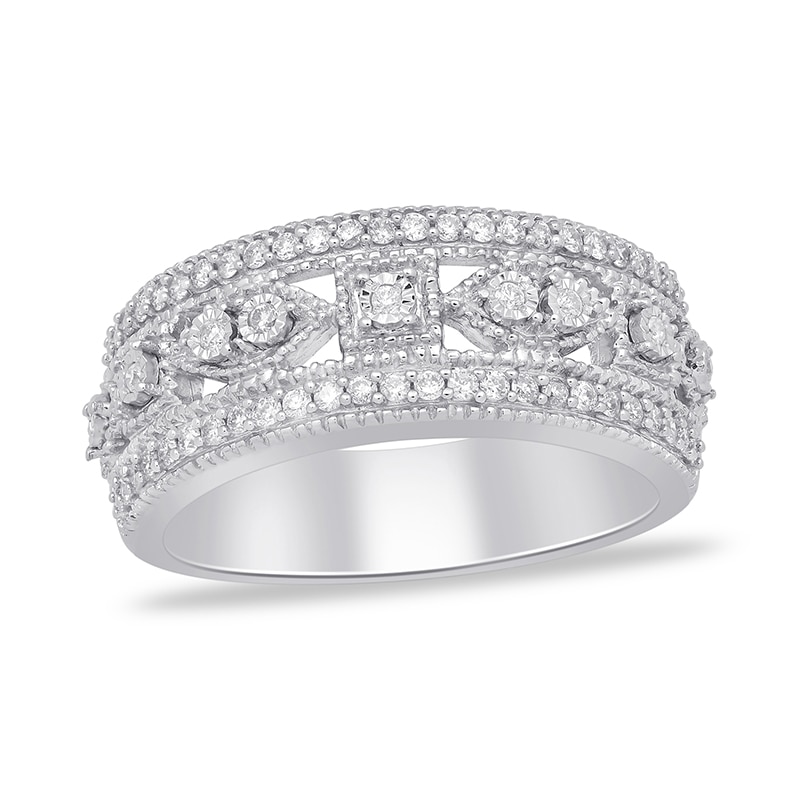 Main Image 1 of Previously Owned - 1/3 CT. T.W. Diamond Square and Marquise Frames Vintage-Style Triple Row Band in 14K White Gold