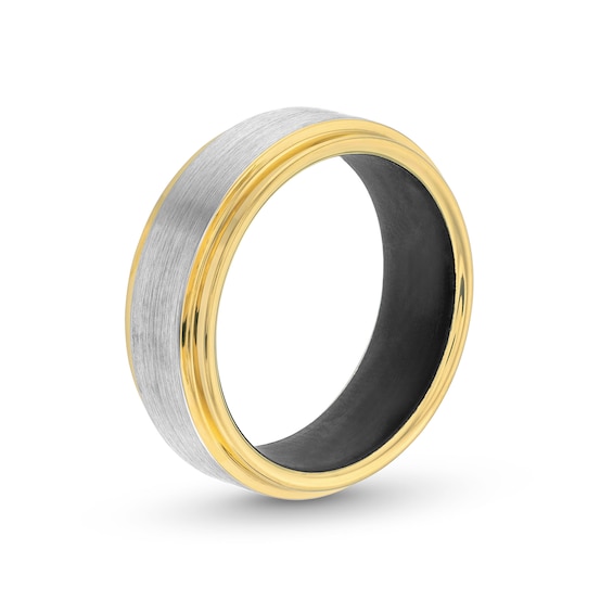 8.0mm Brushed Center Stepped Edge Wedding Band in Two-Tone Tungsten with Black Silicone - Size 10