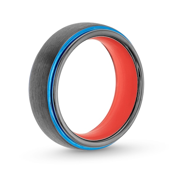 8.0mm Multi-Finish Stepped Edge Wedding Band in Two-Tone Tungsten and Orange Silicone - Size 10