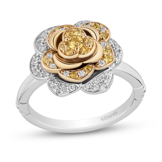 Enchanted Disney Belle Yellow Sapphire and 1/4 CT. T.w. Diamond Rose Ring in Sterling Silver and 10K Gold