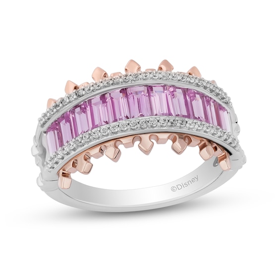Enchanted Disney Aurora Pink Lab-Created Sapphire and Diamond Multi-Row Crown Ring in Sterling Silver and 10K Rose Gold
