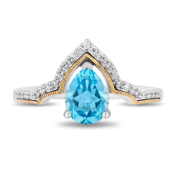Enchanted Disney Jasmine Pear-Shaped Swiss Blue Topaz and Diamond Contour Crown Ring in Sterling Silver and 10K Gold