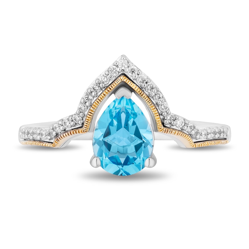 Enchanted Disney Jasmine Pear-Shaped Swiss Blue Topaz and Diamond Contour Crown Ring in Sterling Silver and 10K Gold