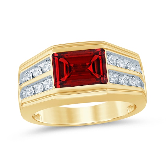 Emerald-Cut Garnet and 3/4 CT. T.w. Certified Lab-Grown Diamond Double Row Shank Ring in 10K Gold (F/Si2)