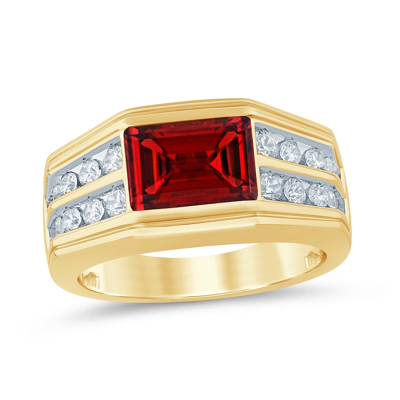 Emerald-Cut Garnet and 3/4 CT. T.W. Certified Lab-Created Diamond Double Row Shank Ring in 10K Gold (F/SI2)