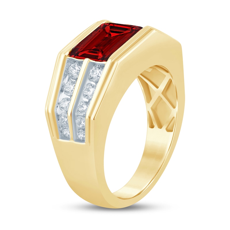 Emerald-Cut Garnet and 3/4 CT. T.W. Certified Lab-Created Diamond Double Row Shank Ring in 10K Gold (F/SI2)