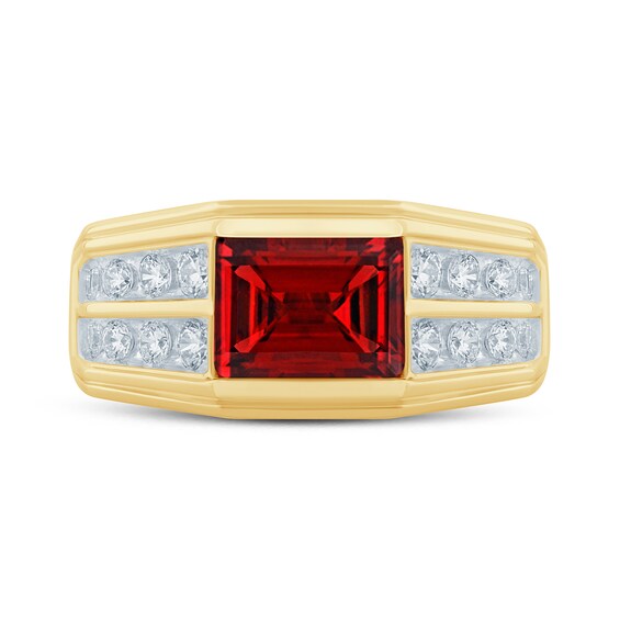 Emerald-Cut Garnet and 3/4 CT. T.w. Certified Lab-Grown Diamond Double Row Shank Ring in 10K Gold (F/Si2)