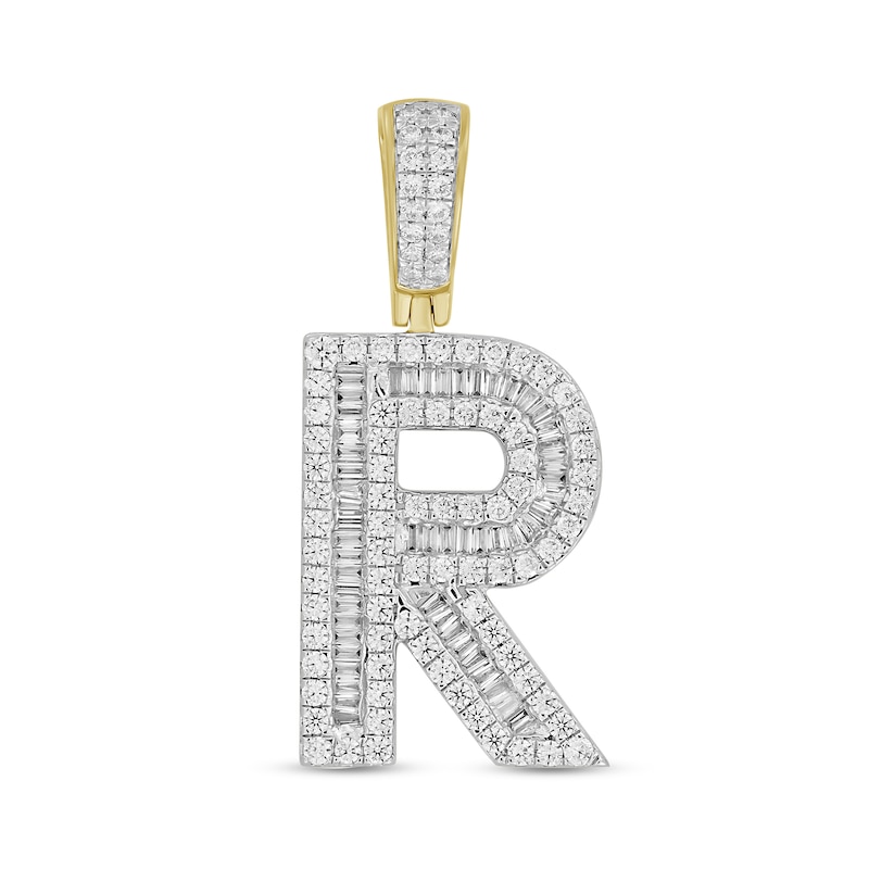 Main Image 1 of 1-1/3 CT. T.W. Baguette and Round Diamond Letter "R" Initial Necklace Charm in 10K Gold