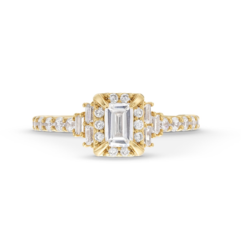 Main Image 4 of 1-1/4 CT. T.W. Emerald-Cut Diamond Frame Tri-Sides Engagement Ring in 14K Gold
