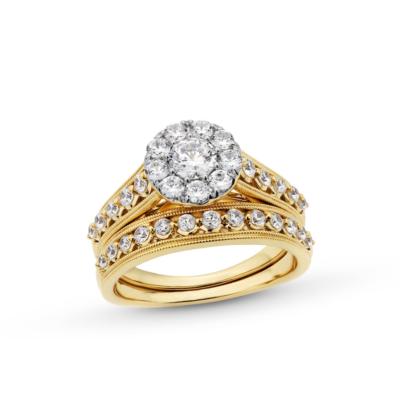 Main Image 1 of 1-1/4 CT. T.W. Multi-Diamond Vintage-Style Bridal Set in 14K Gold