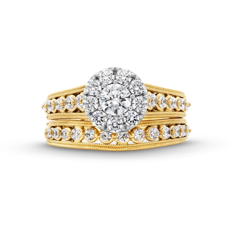 Main Image 4 of 1-1/4 CT. T.W. Multi-Diamond Vintage-Style Bridal Set in 14K Gold