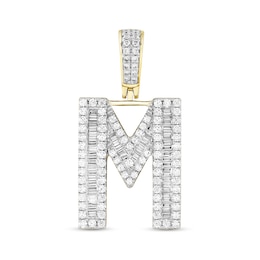 1-1/3 CT. T.W. Baguette and Round Diamond Letter "M" Initial Necklace Charm in 10K Gold