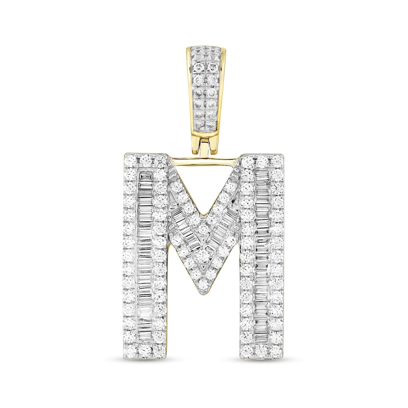Main Image 1 of 1-1/3 CT. T.W. Baguette and Round Diamond Letter "M" Initial Necklace Charm in 10K Gold