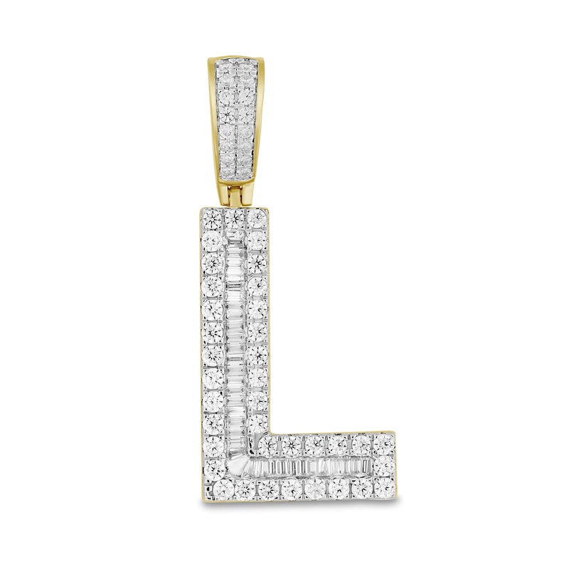 Main Image 1 of 1-1/4 CT. T.W. Baguette and Round Diamond Letter "L" Initial Necklace Charm in 10K Gold