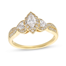 3/4 CT. T.W. Marquise and Round Diamond Frame Past Present Future® Vintage-Style Engagement Ring in 14K Gold