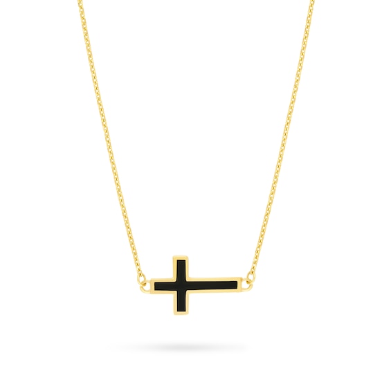 Black Enamel Sideways Cross Necklace in 14K Gold