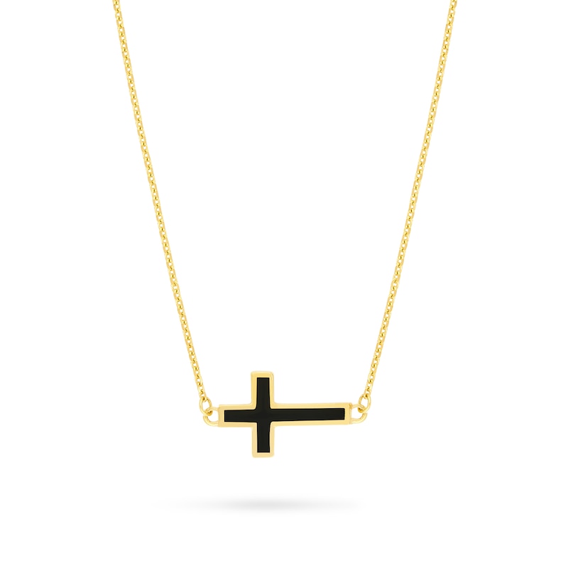 Main Image 1 of Black Enamel Sideways Cross Necklace in 14K Gold