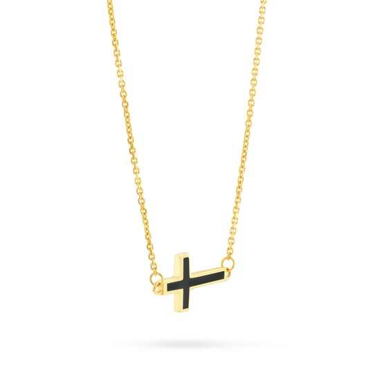Black Enamel Sideways Cross Necklace in 14K Gold