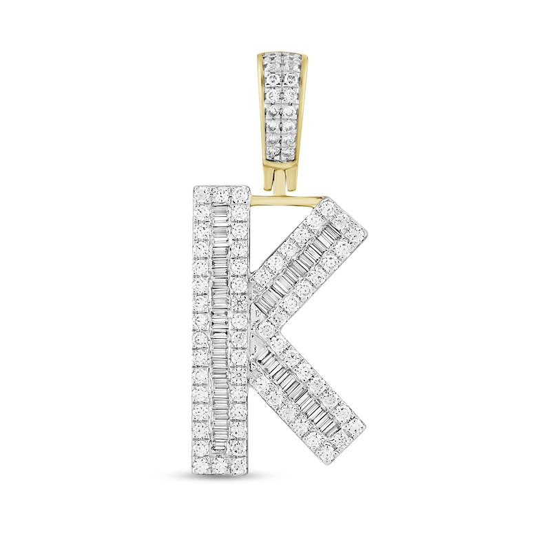 Main Image 1 of 1-1/5 CT. T.W. Baguette and Round Diamond Letter "K" Initial Necklace Charm in 10K Gold
