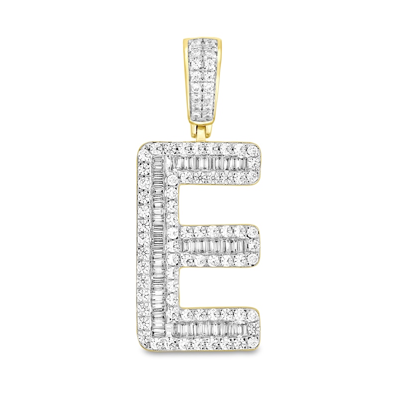 Main Image 1 of 1-1/4 CT. T.W. Baguette and Round Diamond Letter "E" Initial Necklace Charm in 10K Gold