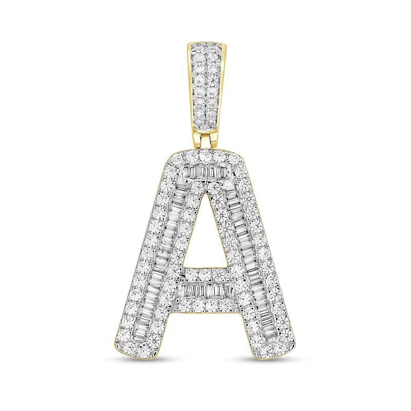 Main Image 1 of 1-1/4 CT. T.W. Baguette and Round Diamond Letter "A" Initial Necklace Charm in 10K Gold