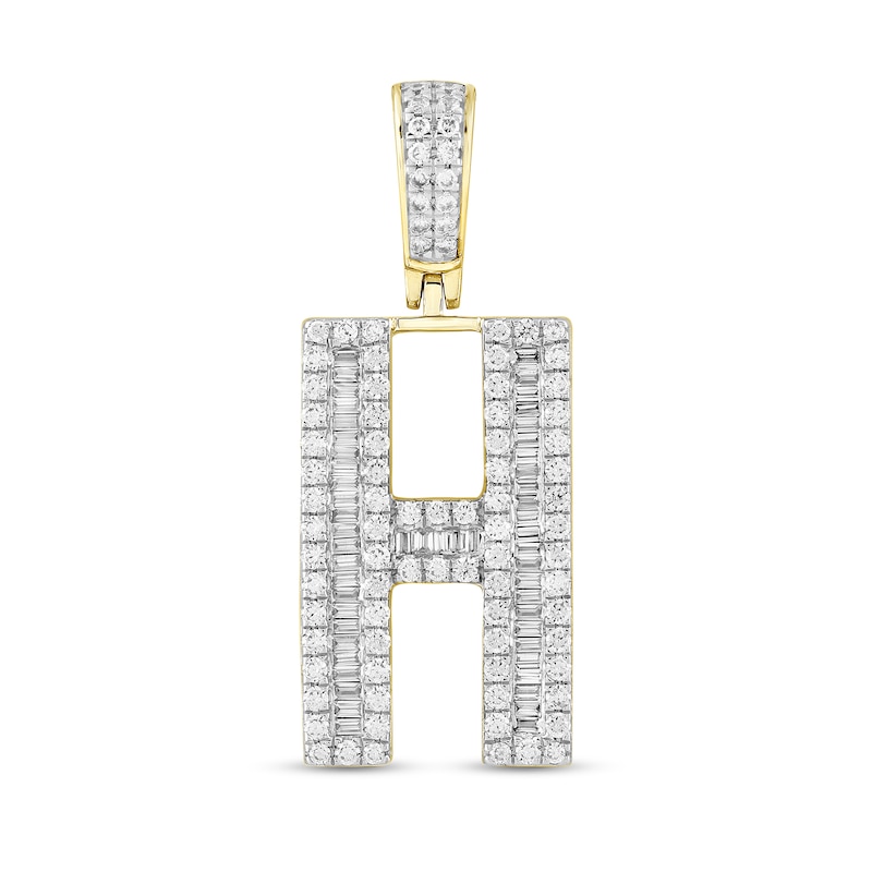 Main Image 1 of 1-1/4 CT. T.W. Baguette and Round Diamond Letter "H" Initial Necklace Charm in 10K Gold