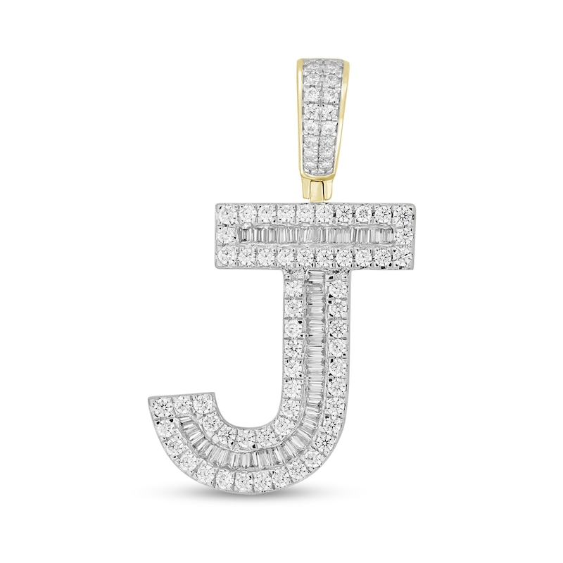 Main Image 1 of 1-1/5 CT. T.W. Baguette and Round Diamond Letter "J" Initial Necklace Charm in 10K Gold