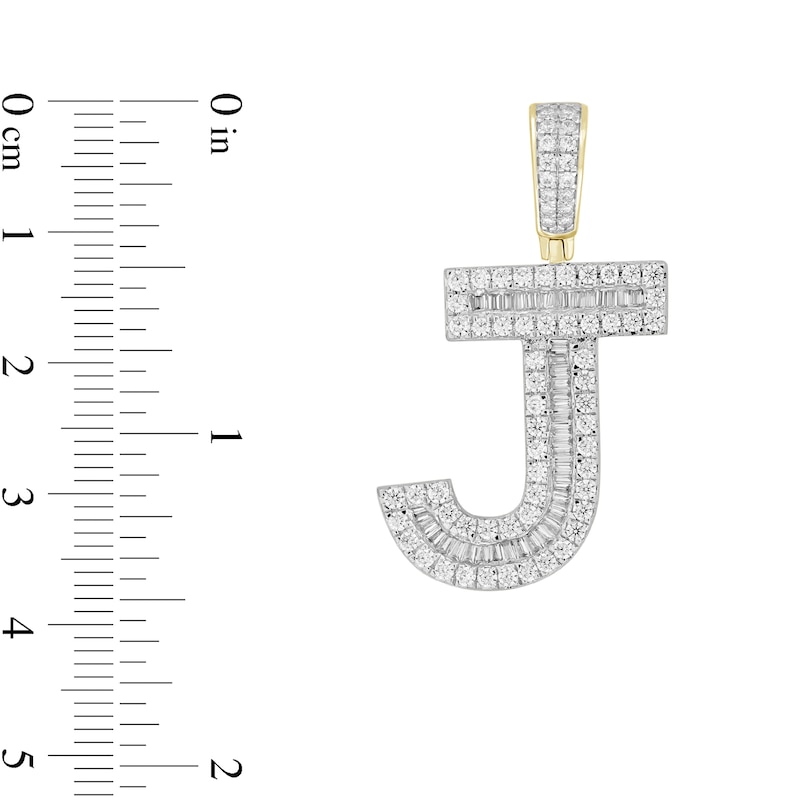 Main Image 2 of 1-1/5 CT. T.W. Baguette and Round Diamond Letter "J" Initial Necklace Charm in 10K Gold
