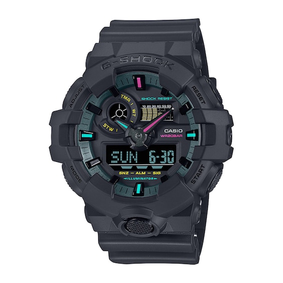 Menâs Casio G-Shock Classic Black Resin Watch with Multi-Color Accent Dial (Model: Ga700Mf-1A)