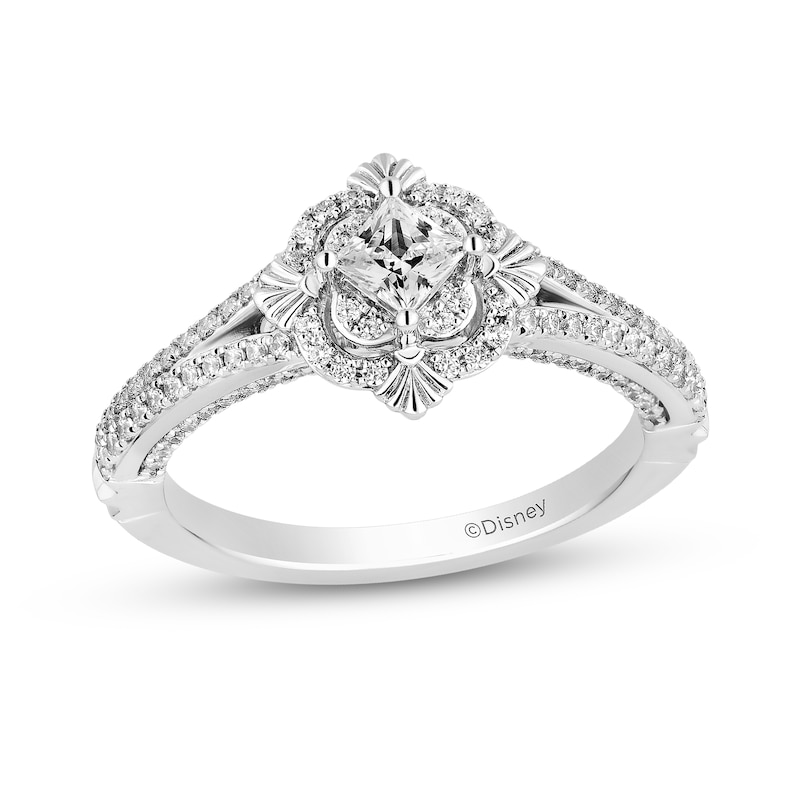 Main Image 1 of Enchanted Disney Ariel 3/4 CT. T.W. Princess-Cut Diamond Scallop Frame Split Shank Engagement Ring in 14K White Gold