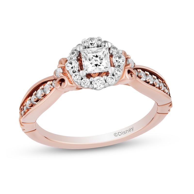 Main Image 1 of Enchanted Disney Cinderella 3/4 CT. T.W. Princess-Cut Diamond Open Frame Engagement Ring in 14K Rose Gold