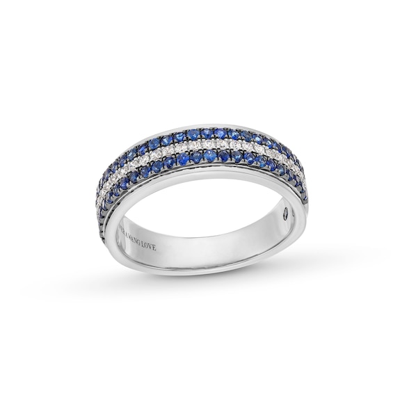 Vera Wang Love Collection Menâs 1/4 CT. T.w. Diamond and Blue Sapphire Tripe Row Wedding Band in 14K White Gold