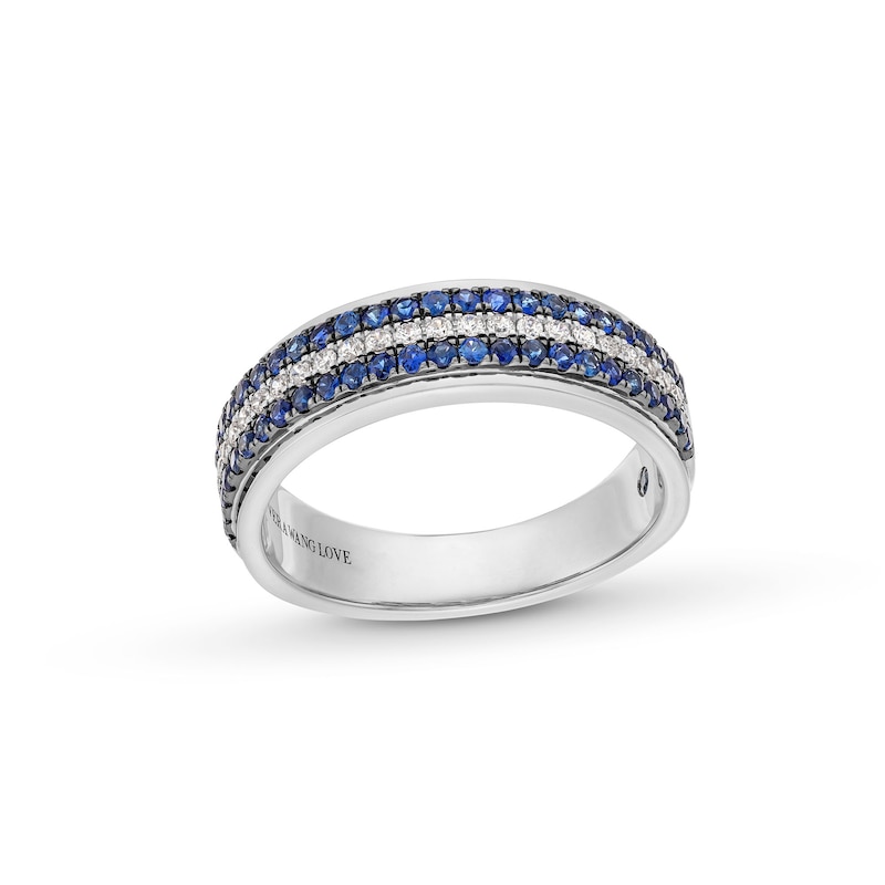 Main Image 1 of Vera Wang Love Collection Men’s 1/4 CT. T.W. Diamond and Blue Sapphire Tripe Row Wedding Band in 14K White Gold