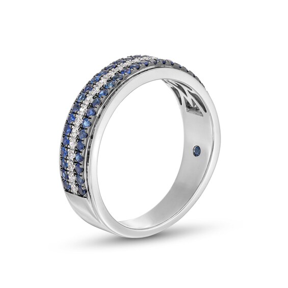 Vera Wang Love Collection Menâs 1/4 CT. T.w. Diamond and Blue Sapphire Tripe Row Wedding Band in 14K White Gold