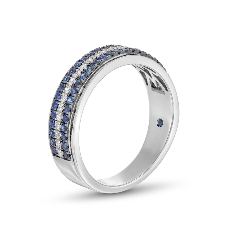 Main Image 2 of Vera Wang Love Collection Men’s 1/4 CT. T.W. Diamond and Blue Sapphire Tripe Row Wedding Band in 14K White Gold