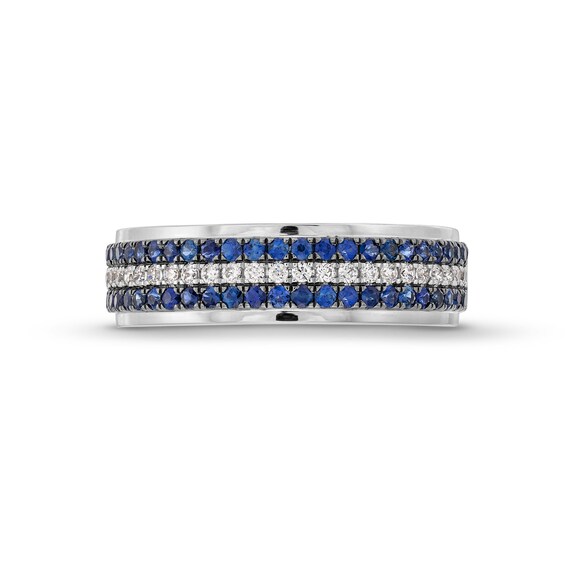 Vera Wang Love Collection Menâs 1/4 CT. T.w. Diamond and Blue Sapphire Tripe Row Wedding Band in 14K White Gold